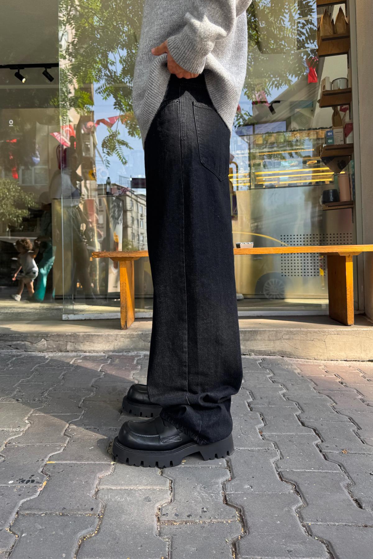 Yıkamalı Çizgili Baggy Siyah
