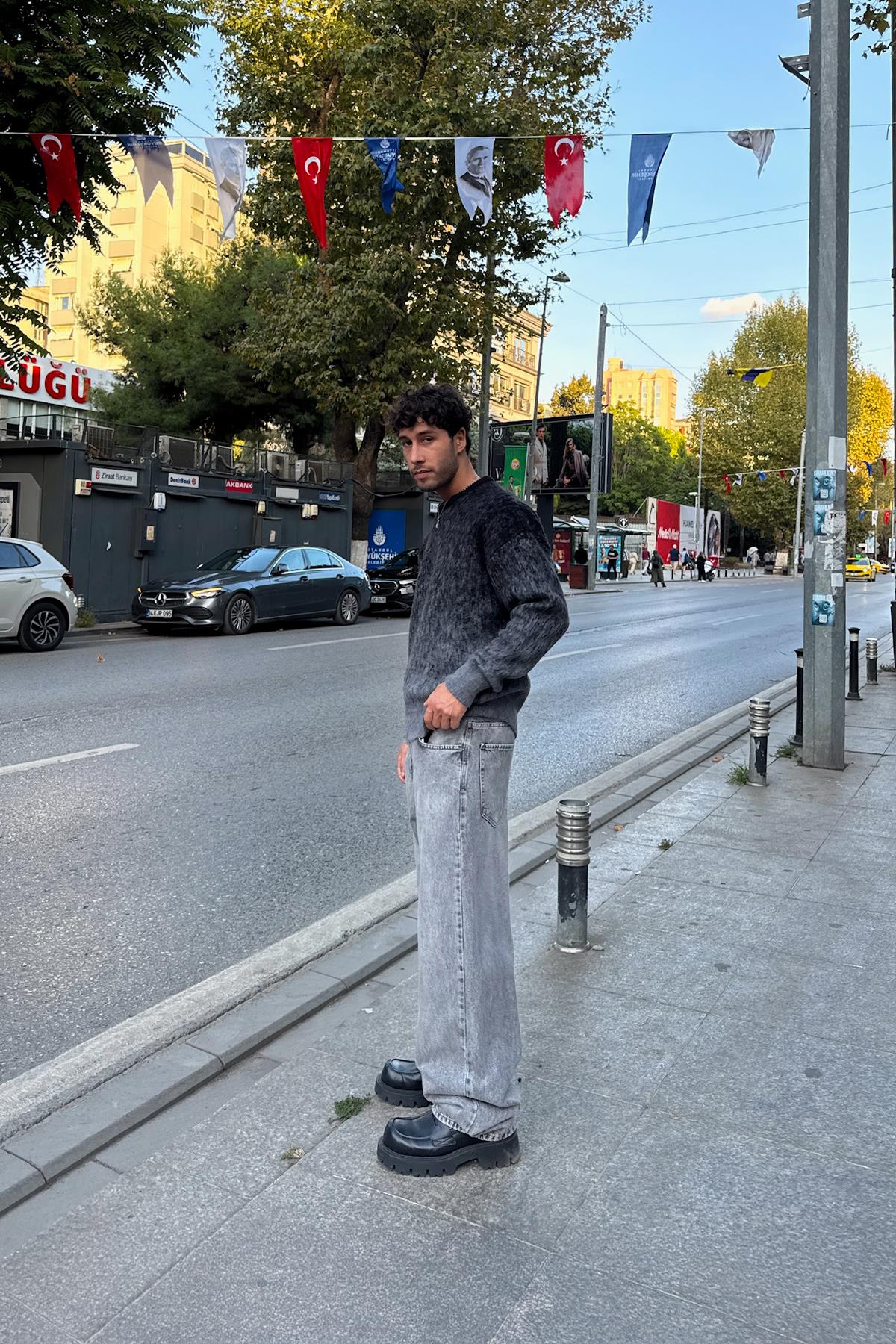 Yıkamalı Çizgili Baggy Gri