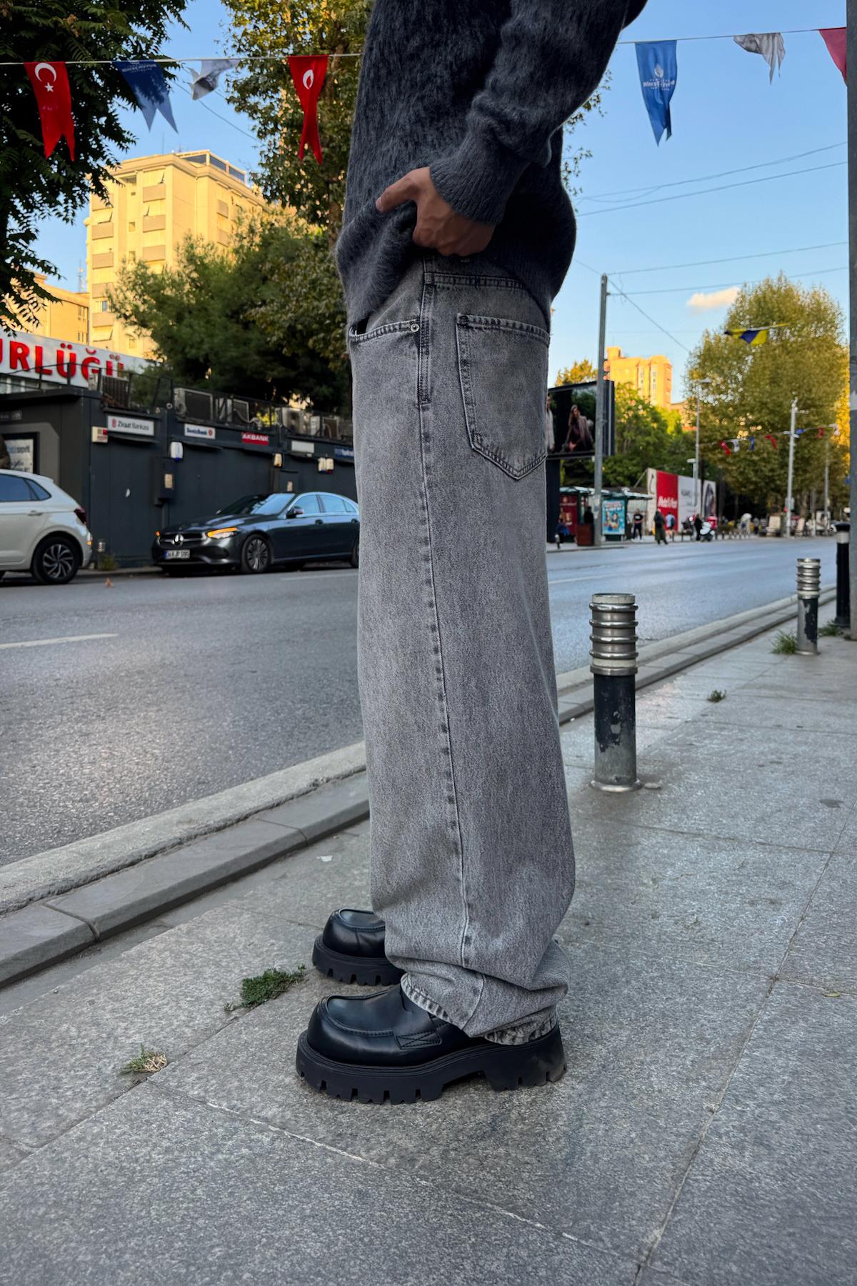 Yıkamalı Çizgili Baggy Gri