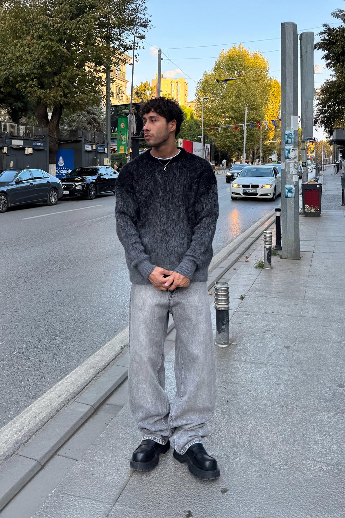 Yıkamalı Çizgili Baggy Gri