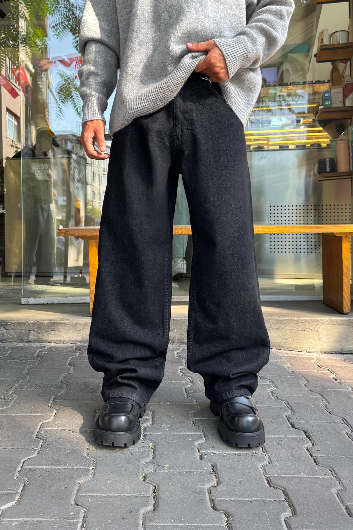 Yıkamalı Çizgili Baggy Siyah