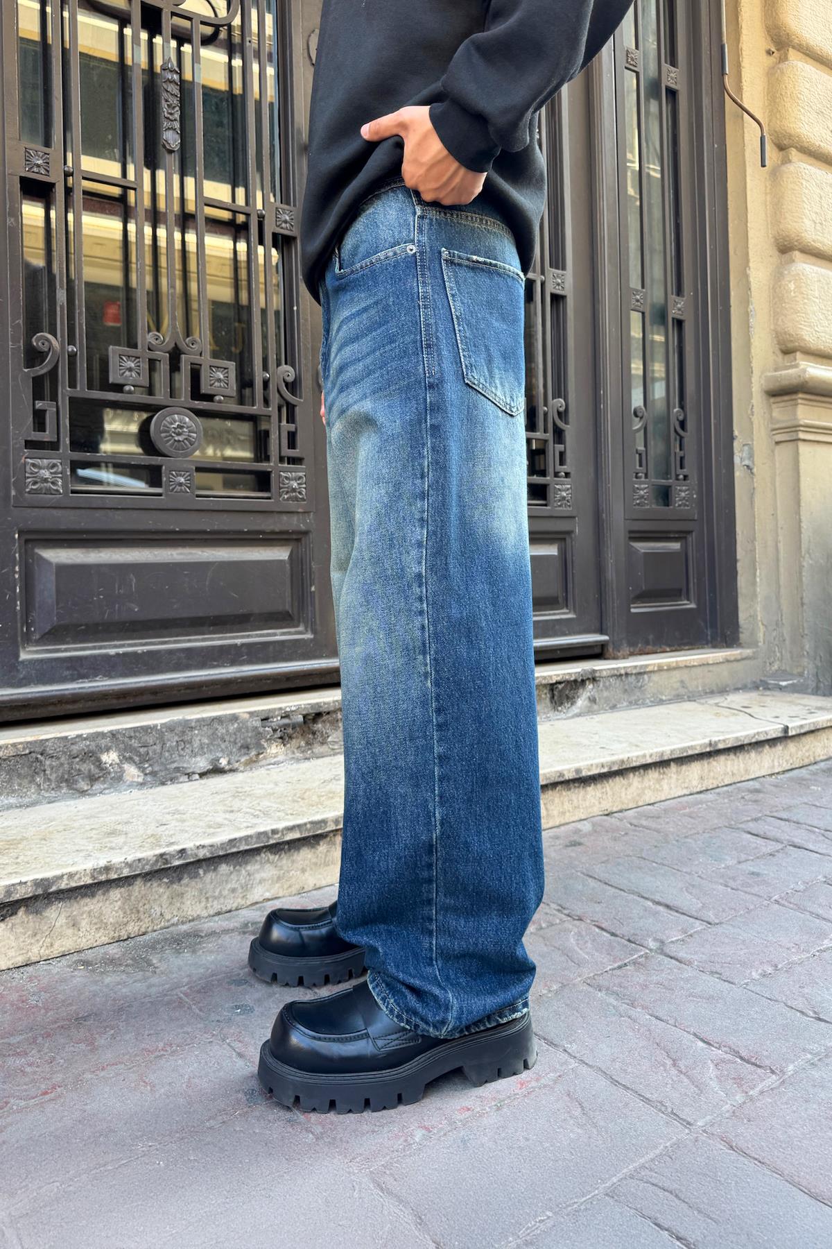 Yıkamalı Çizgili Baggy Jean Mavi