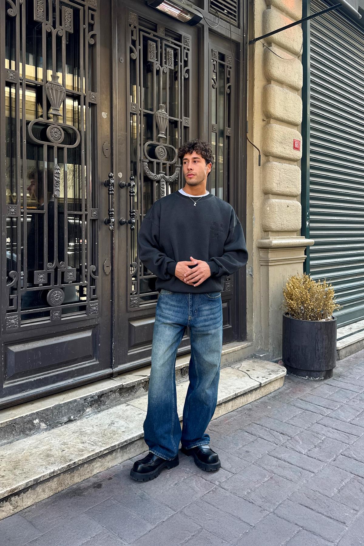 Yıkamalı Çizgili Baggy Jean Mavi