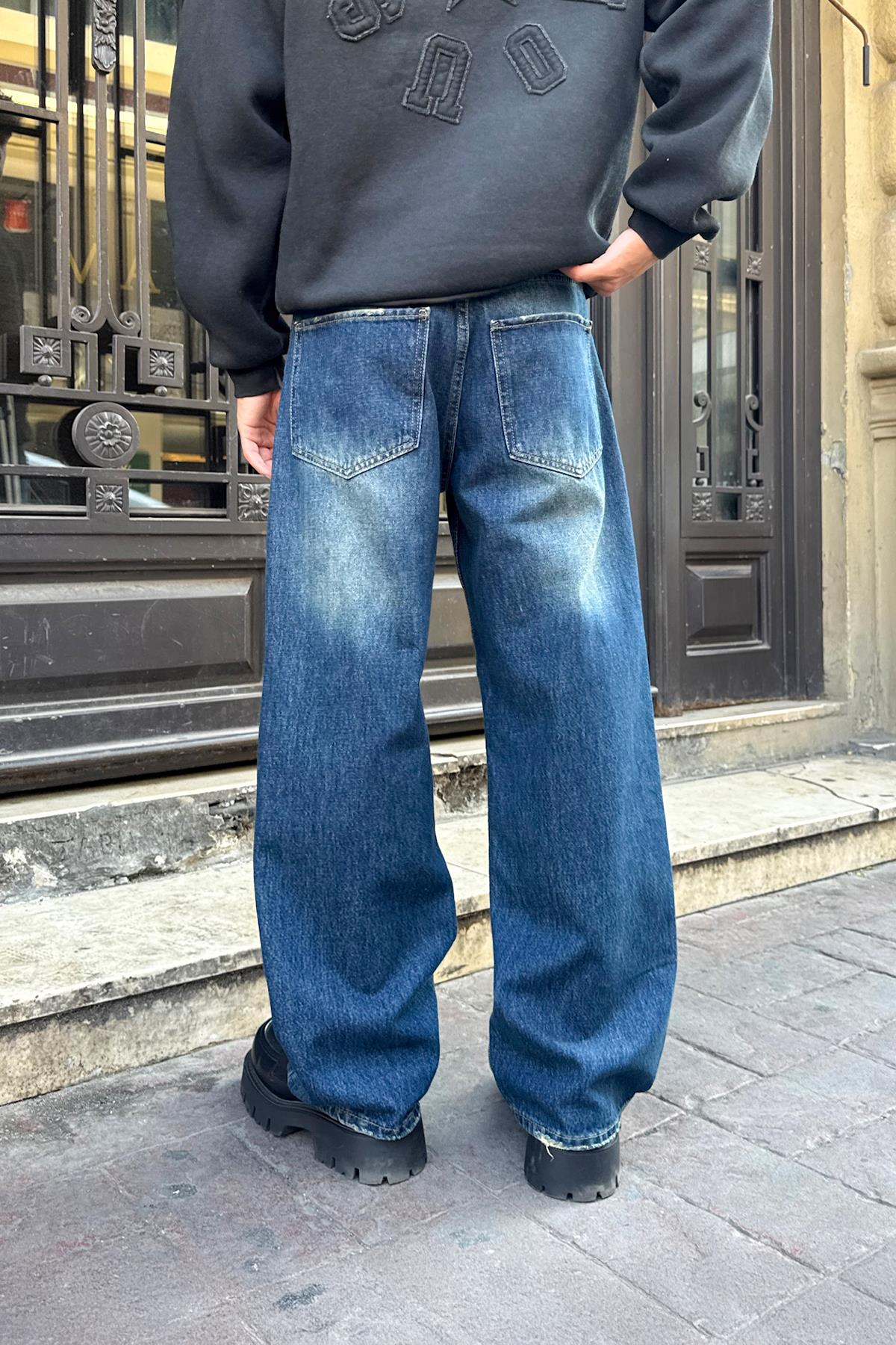 Yıkamalı Çizgili Baggy Jean Mavi