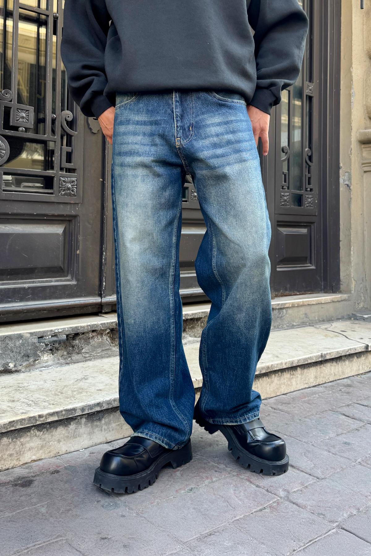 Yıkamalı Çizgili Baggy Jean Mavi