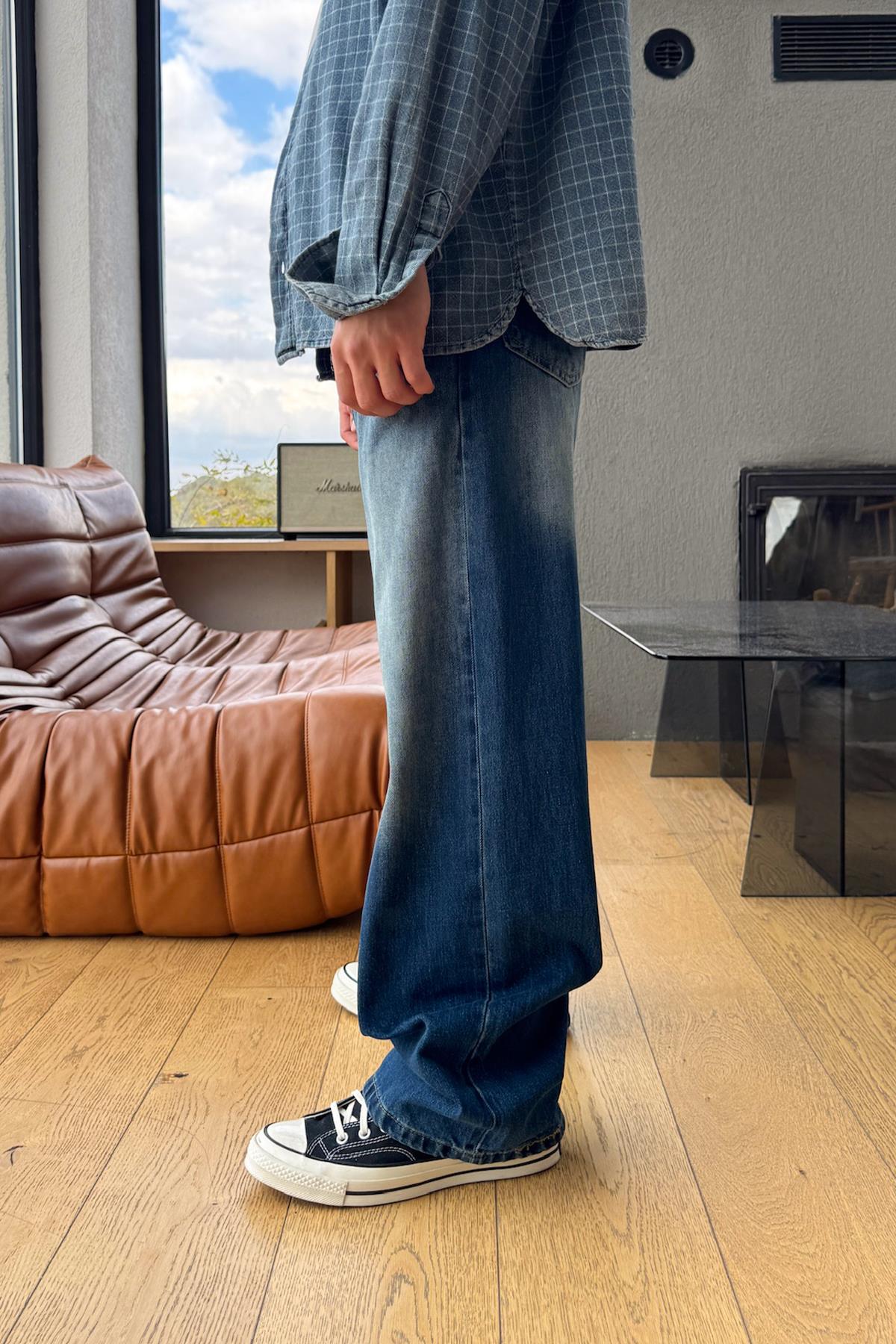 Yıkamalı Çizgili Baggy Jean İndigo