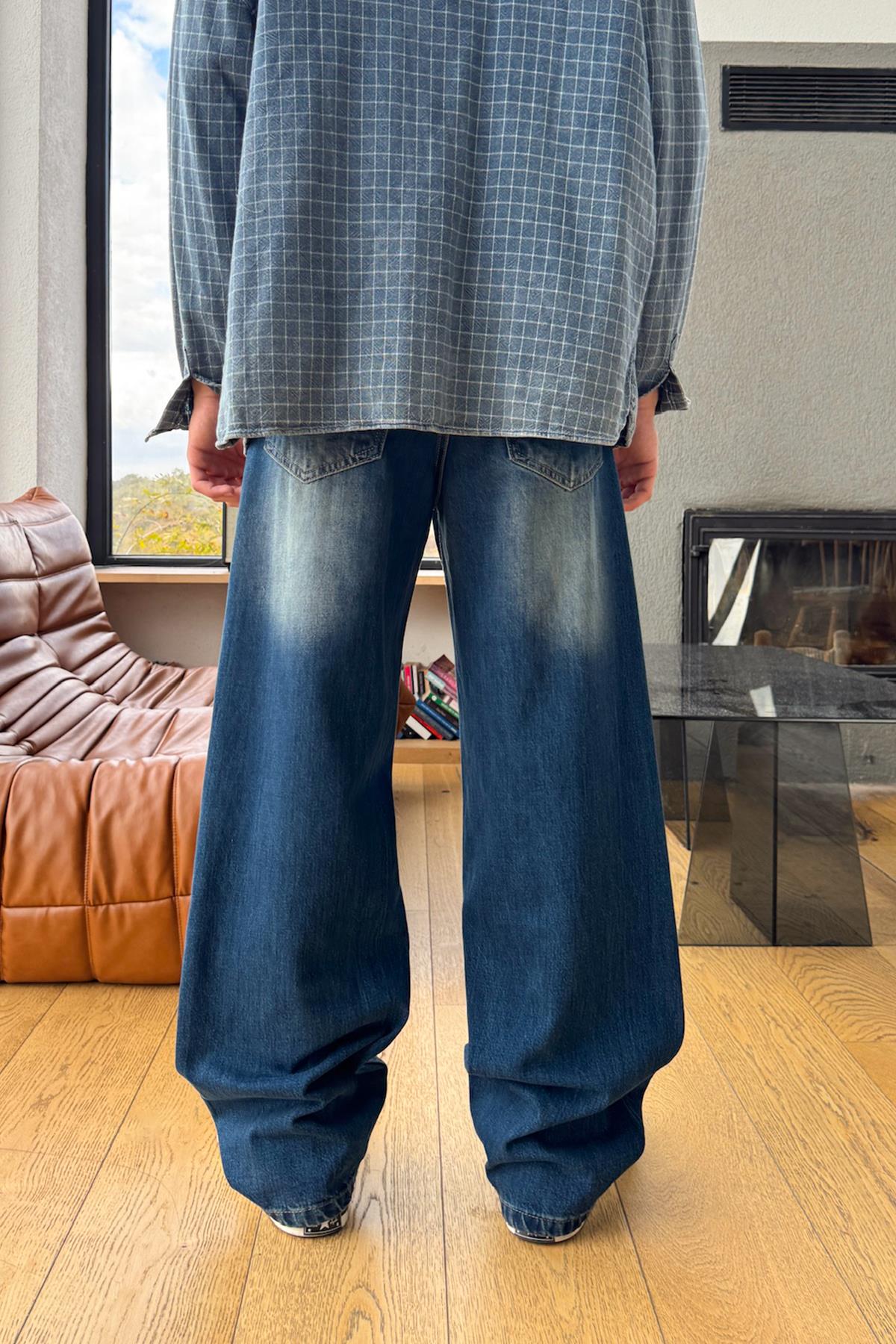 Yıkamalı Çizgili Baggy Jean İndigo