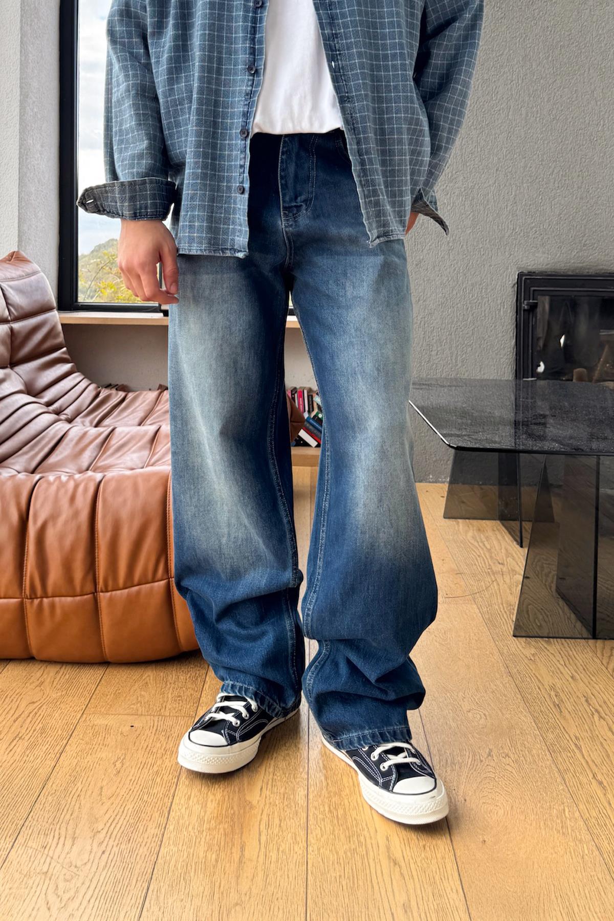 Yıkamalı Çizgili Baggy Jean İndigo