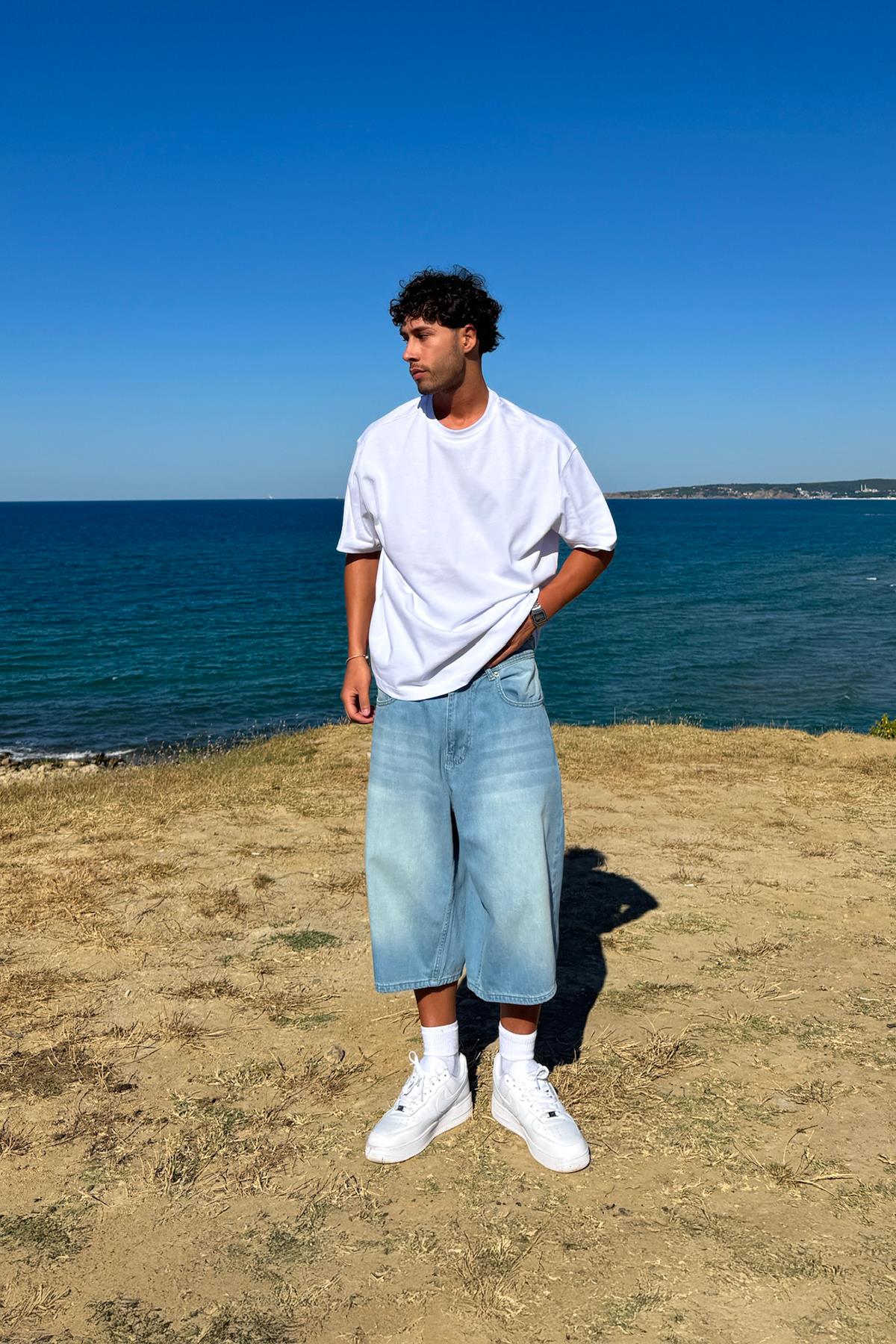 Yıkamalı Çizgili Kot Şort Buz Mavi