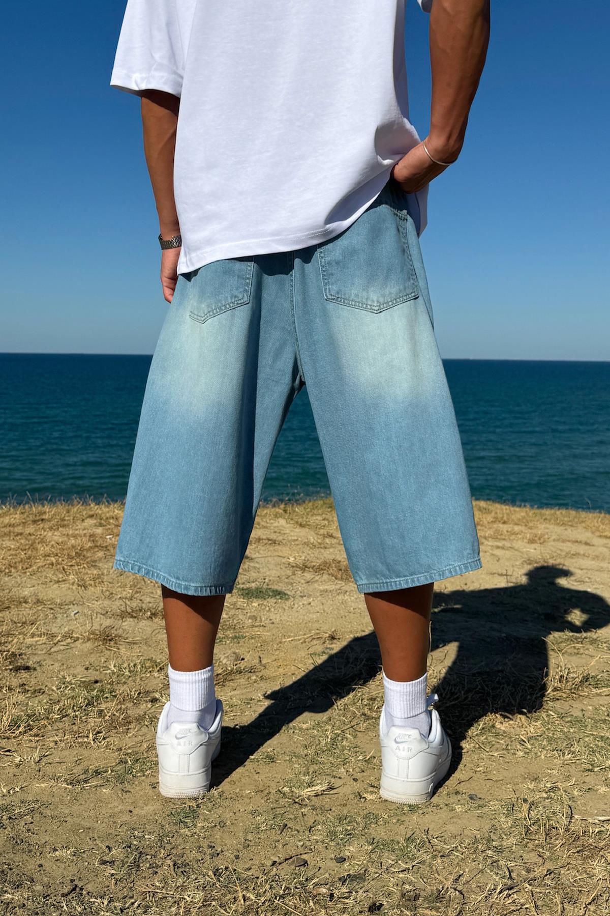 Yıkamalı Çizgili Kot Şort Buz Mavi