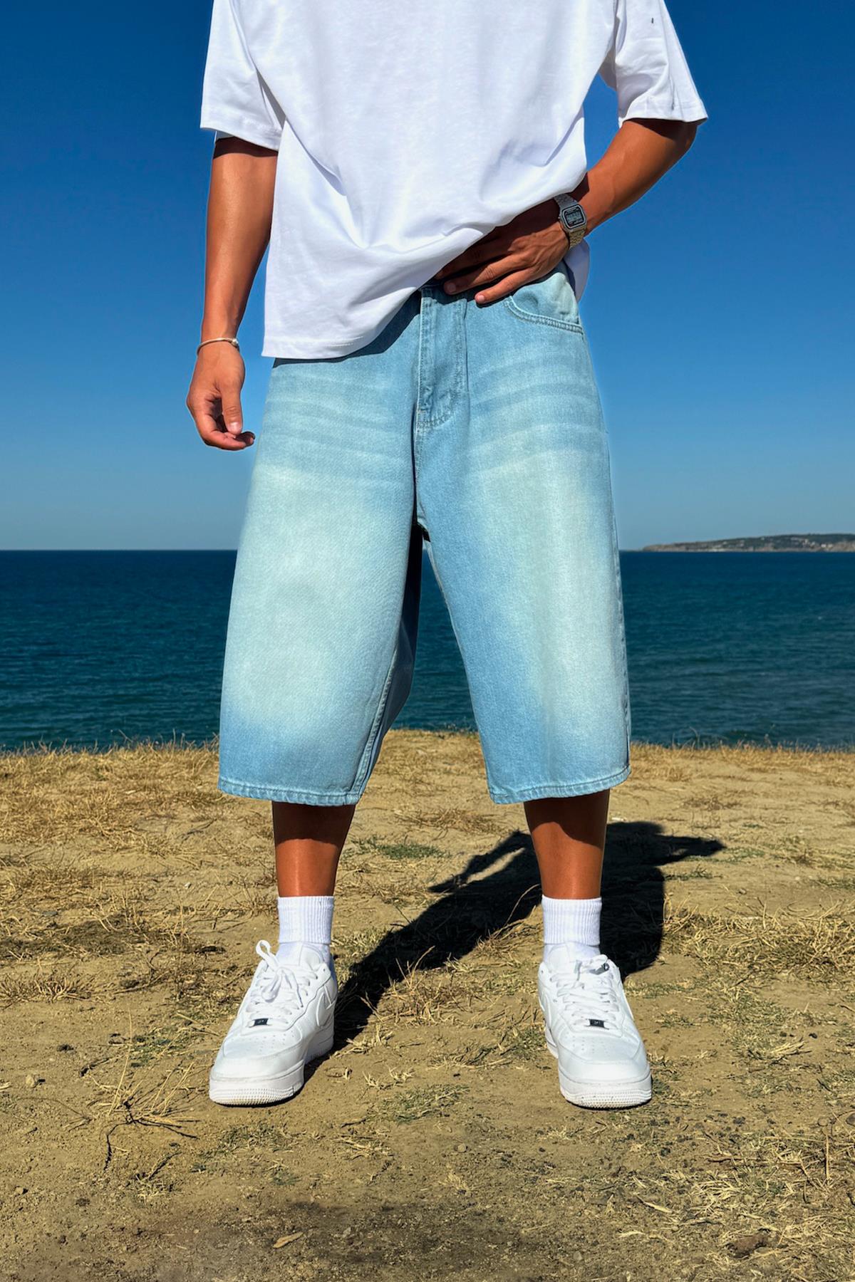 Yıkamalı Çizgili Kot Şort Buz Mavi