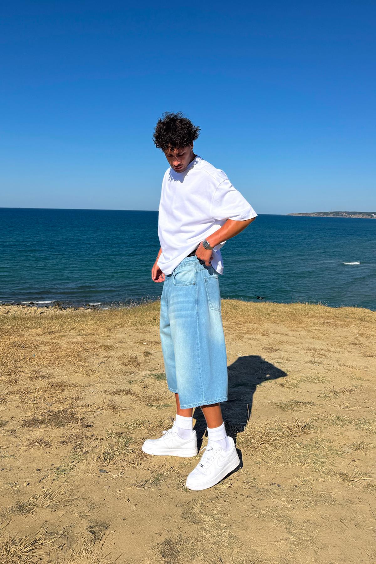 Yıkamalı Çizgili Kot Şort Buz Mavi