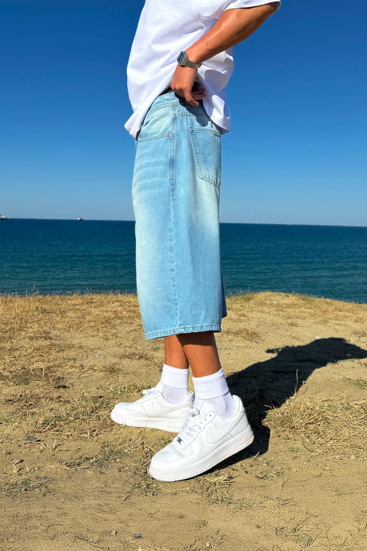 Yıkamalı Çizgili Kot Şort Buz Mavi