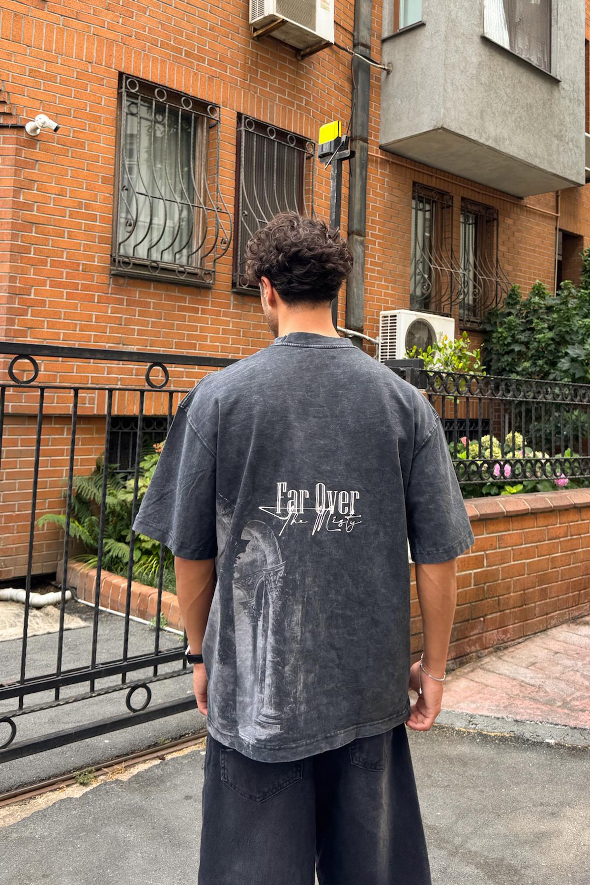 Yıkamalı Antrasit Far Over Baskılı Tişört