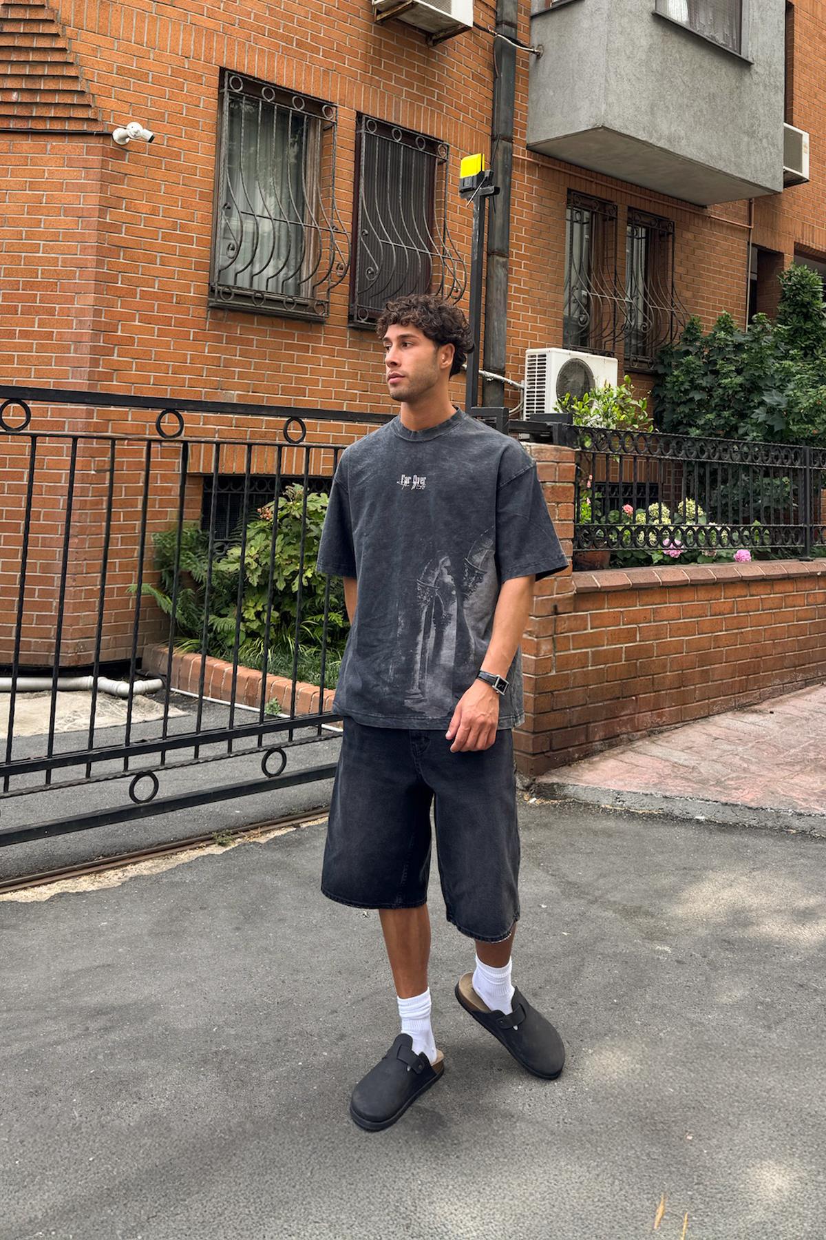 Yıkamalı Antrasit Far Over Baskılı Tişört