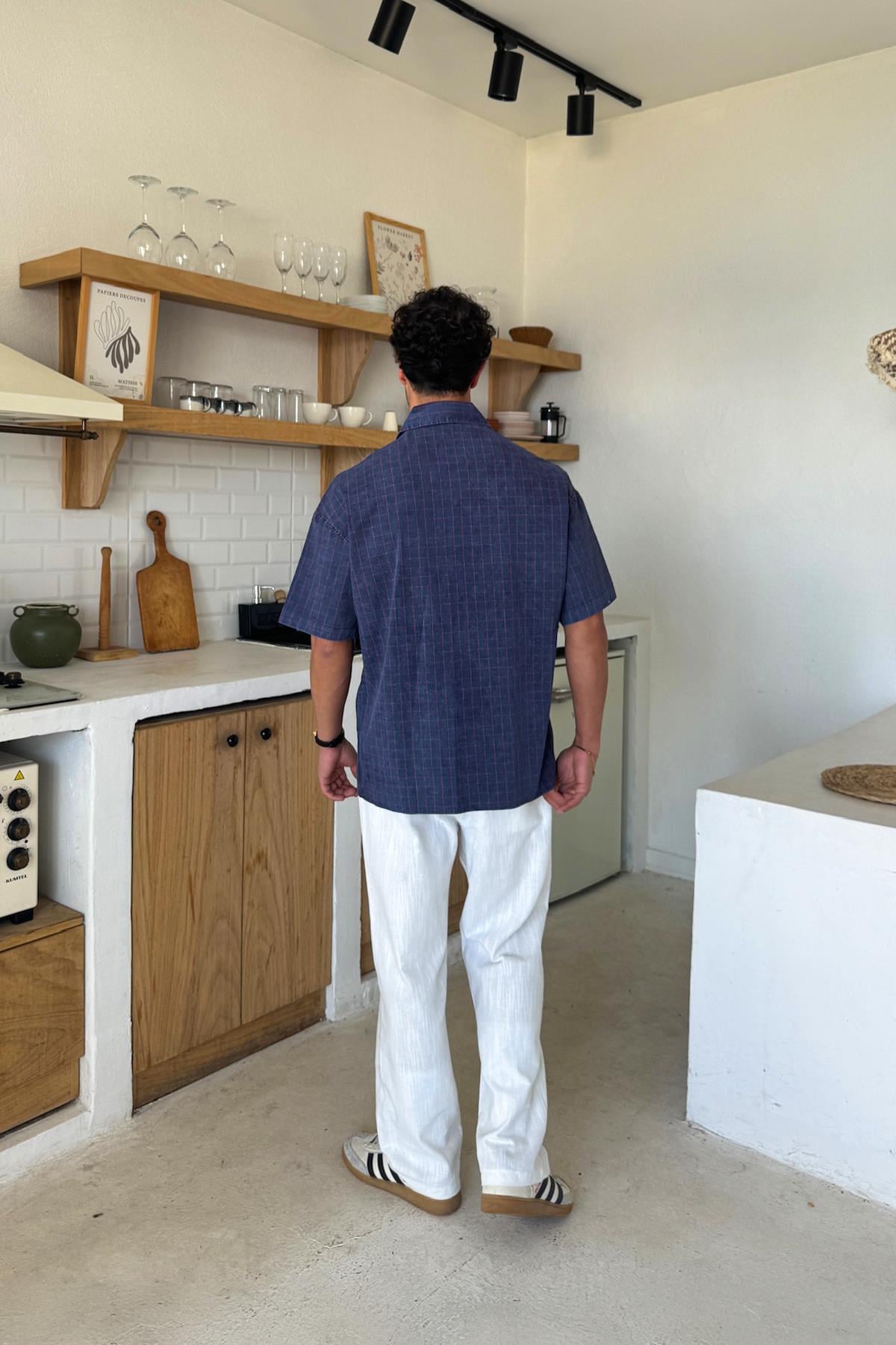 Yıkamalı Kareli Lacivert Kısa Kol Oversize Gömlek Lacivert