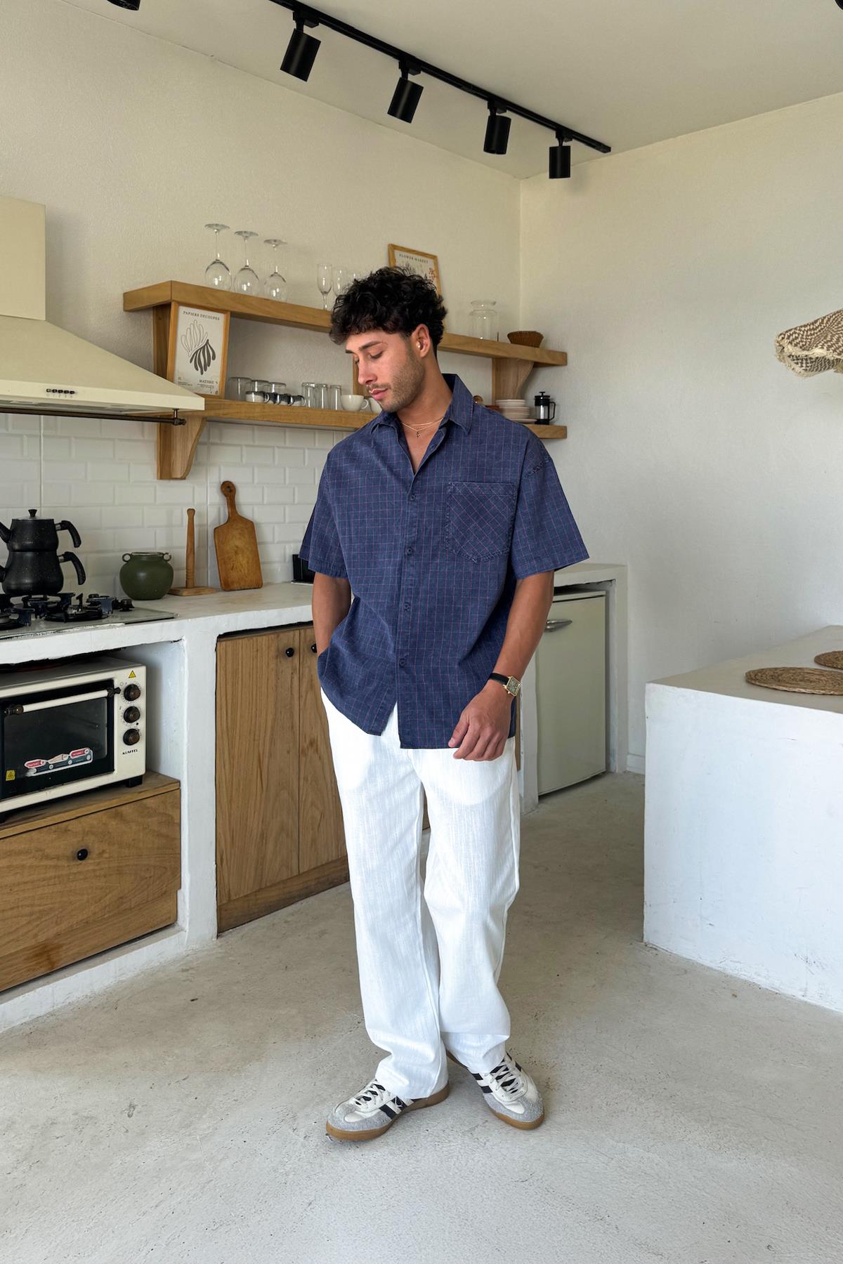 Yıkamalı Kareli Lacivert Kısa Kol Oversize Gömlek Lacivert