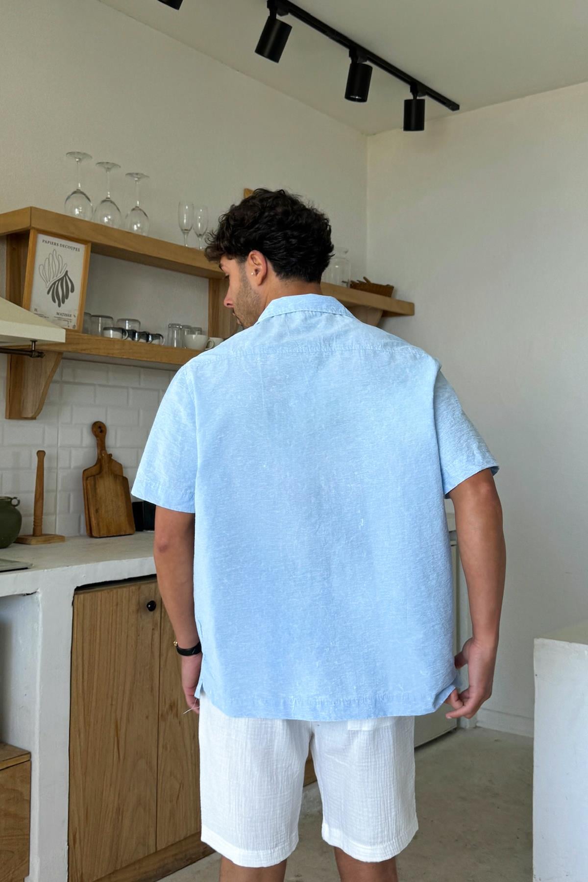 Yıkamalı Oversize Kısa Kol Gömlek Mavi
