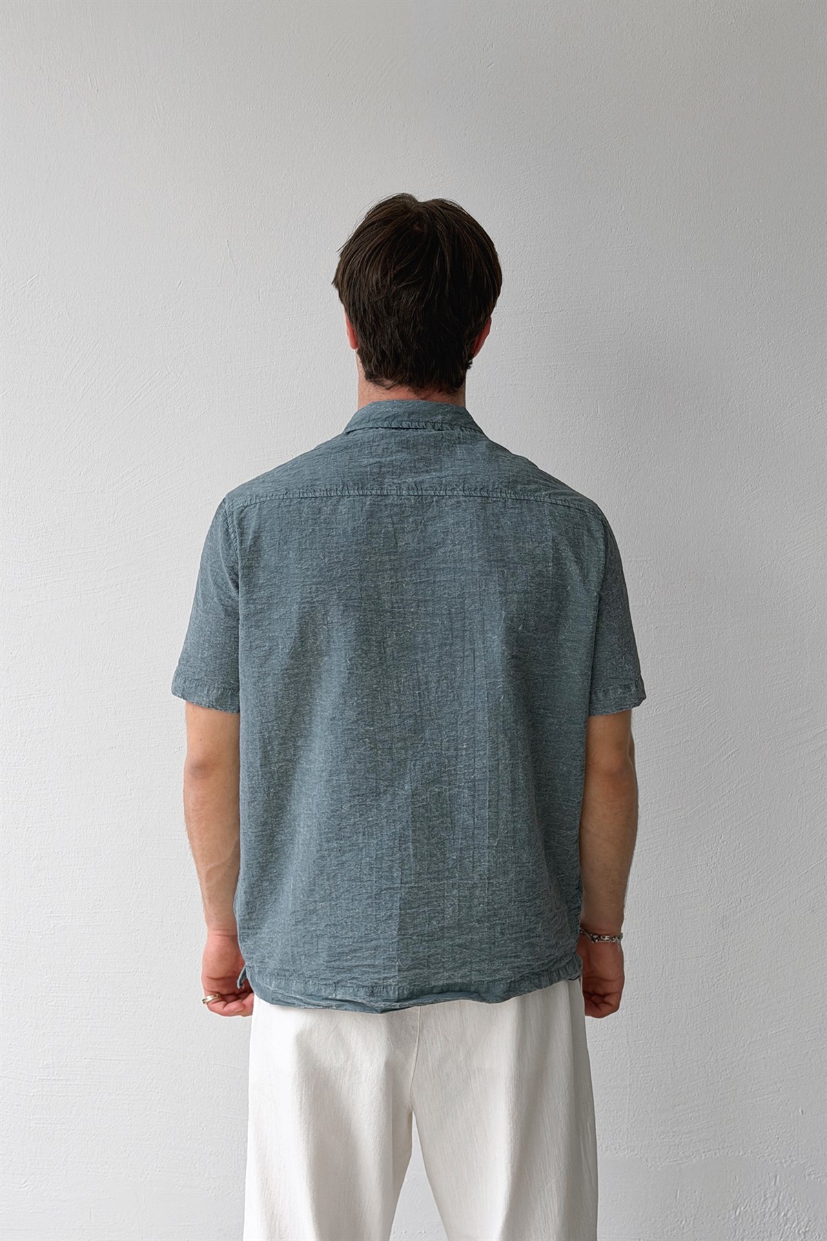 Yıkamalı Oversize Kısa Kol Gömlek Füme