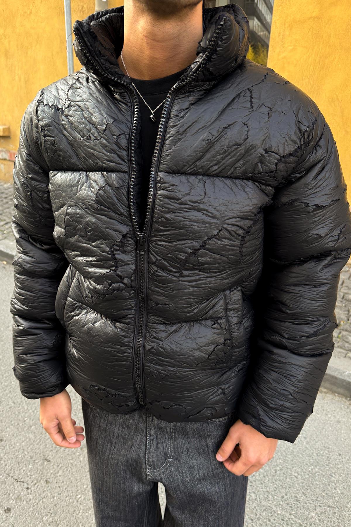 Yırtık Model Şişme Mont Siyah