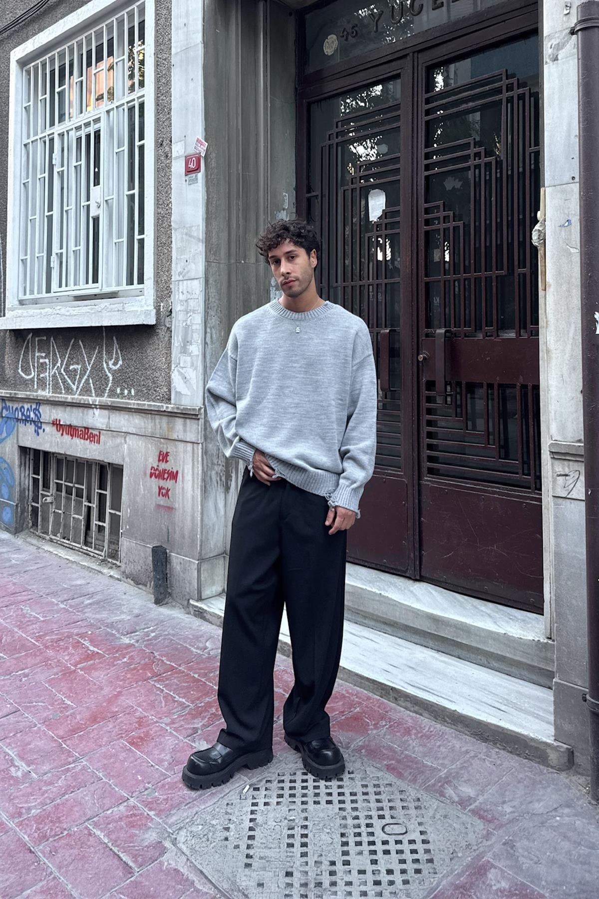 Yırtık Model Triko Kazak Gri