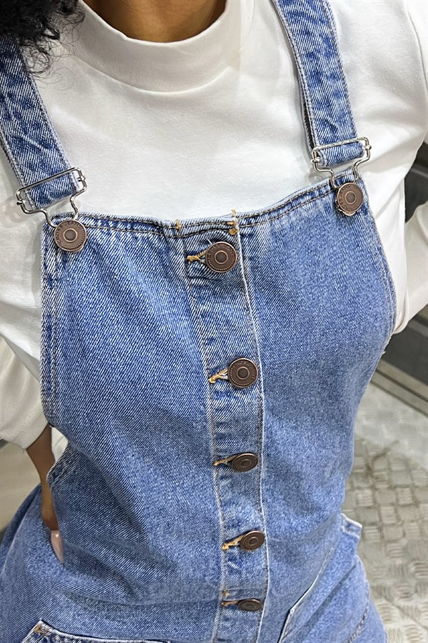 Askılı Düğme Detaylı Kot Elbise