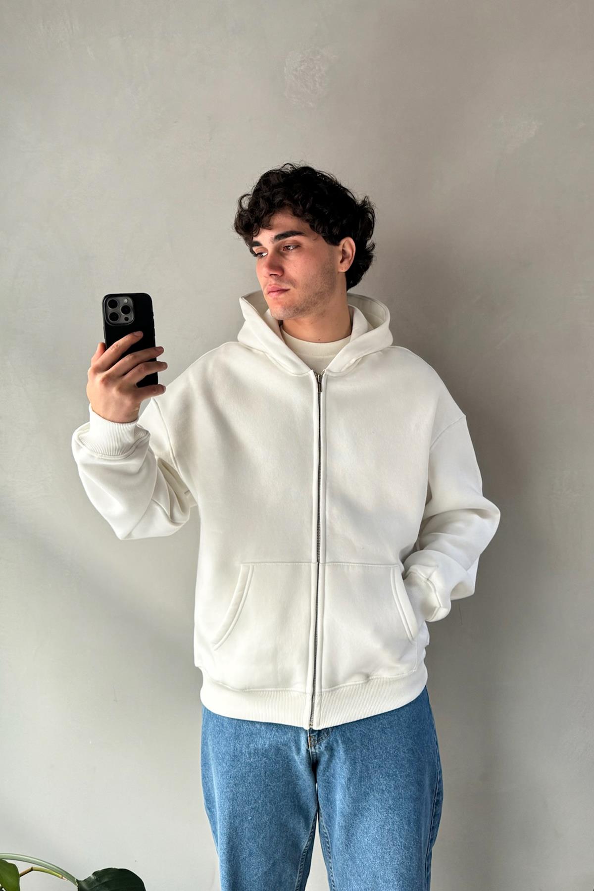 Basic Ekru Zip Hoodie