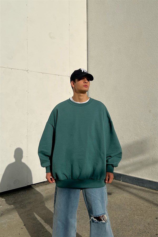 Basic Oversize Yeşil Sweatshirt