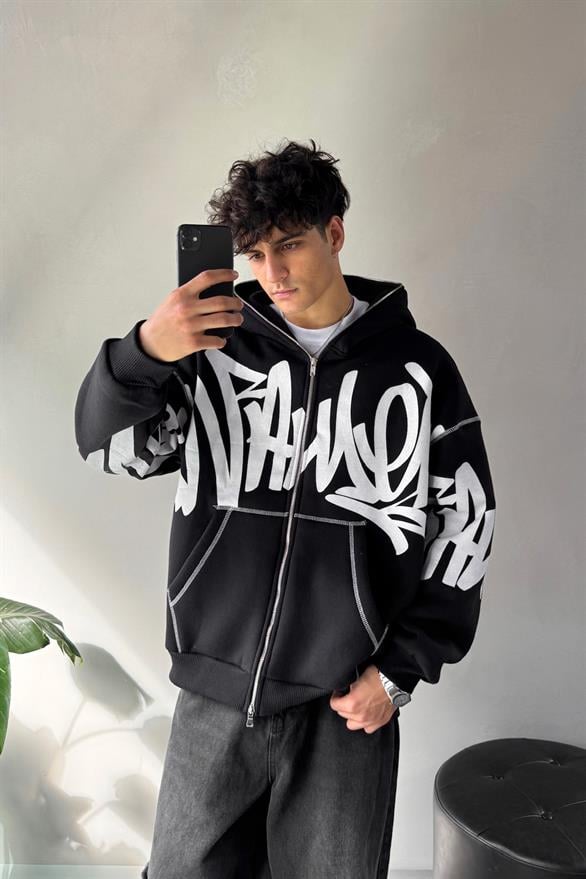 Baskılı Oversize Siyah Full Zip Hoodie