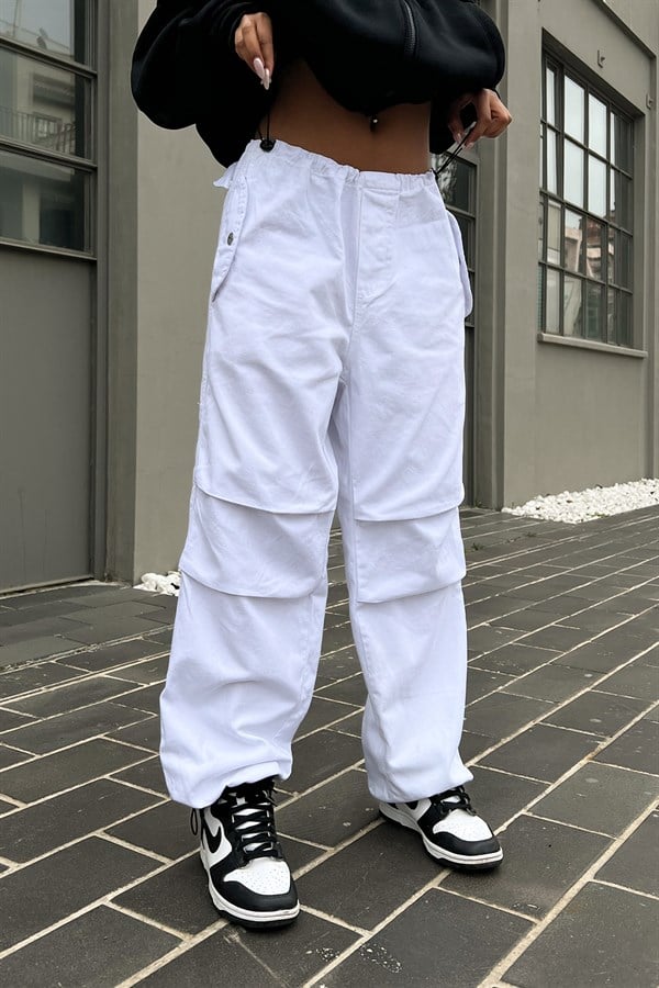 Bel Lastikli Beyaz Baggy Keten Pantolon