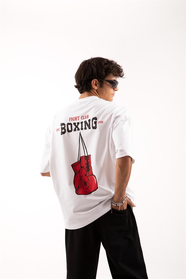Boxing Baskılı Beyaz Oversize Tişört