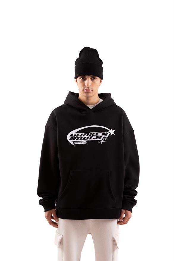 Siyah Broken Souls Baskılı Siyah Oversize Hoodie - Flaw Wear