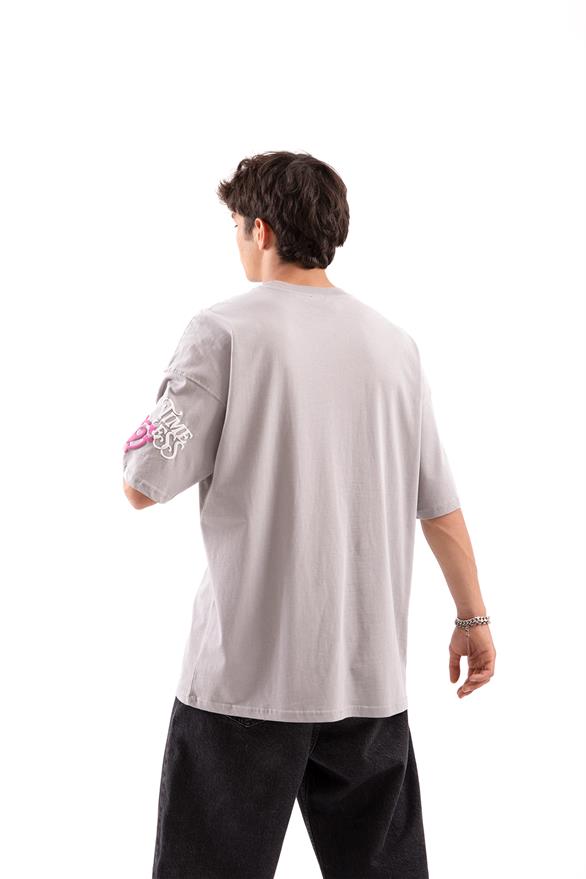 Brotherhood Baskılı Gri Oversize Tişört
