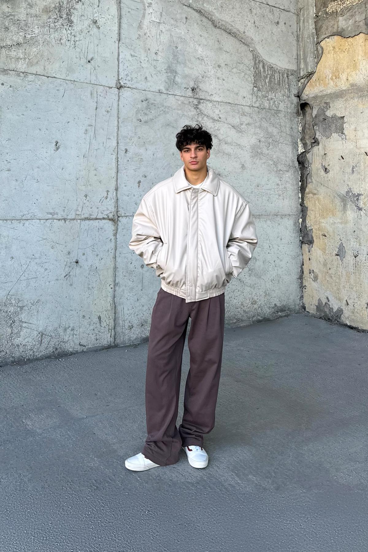 90's Vintage Kalıp Bej Deri Mont