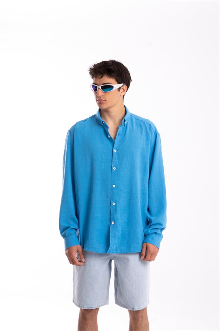 Basic Koyu Mavi Uzun Kollu Oversize Gömlek