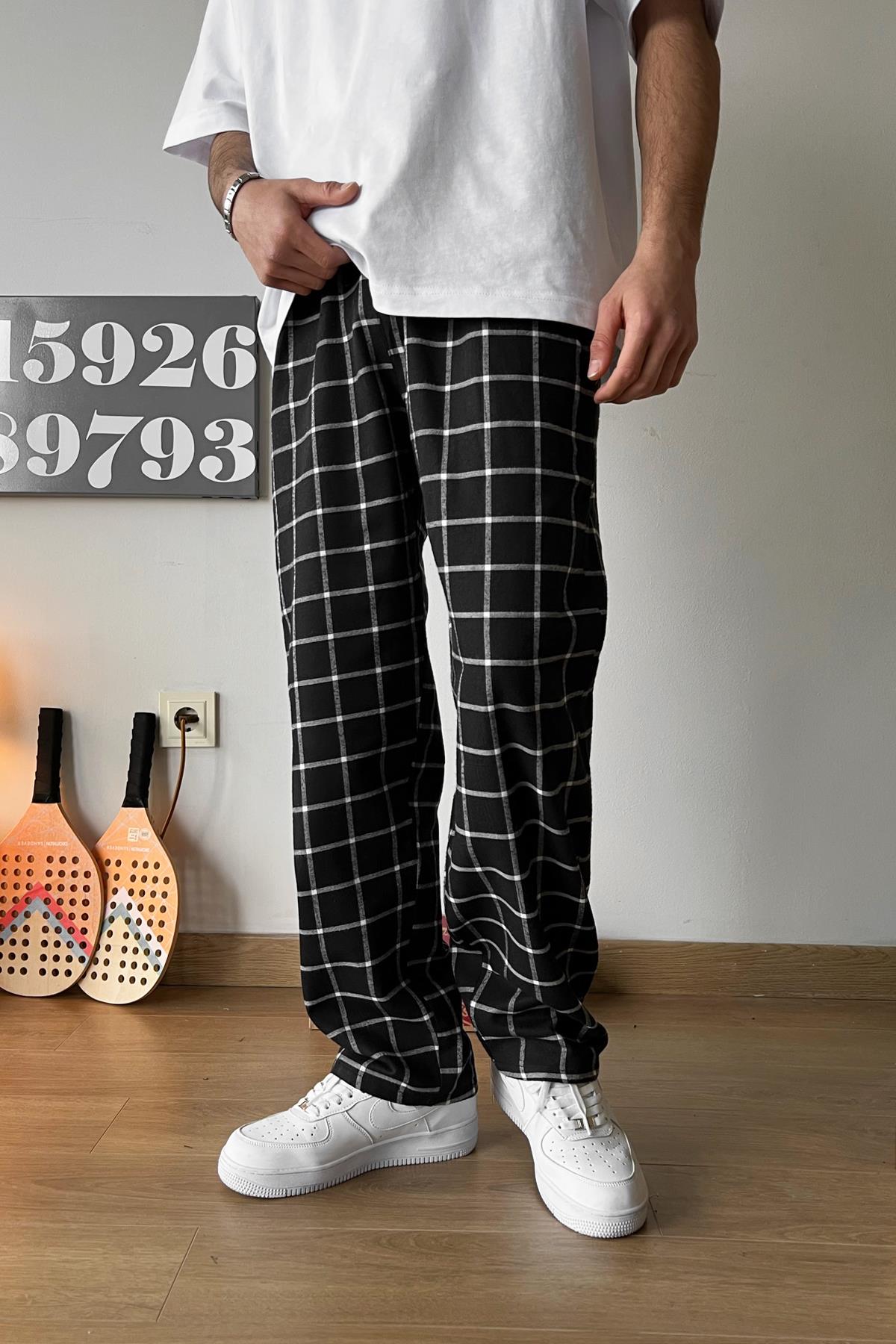 Beli Lastikli Ekose Desenli Pijama Siyah