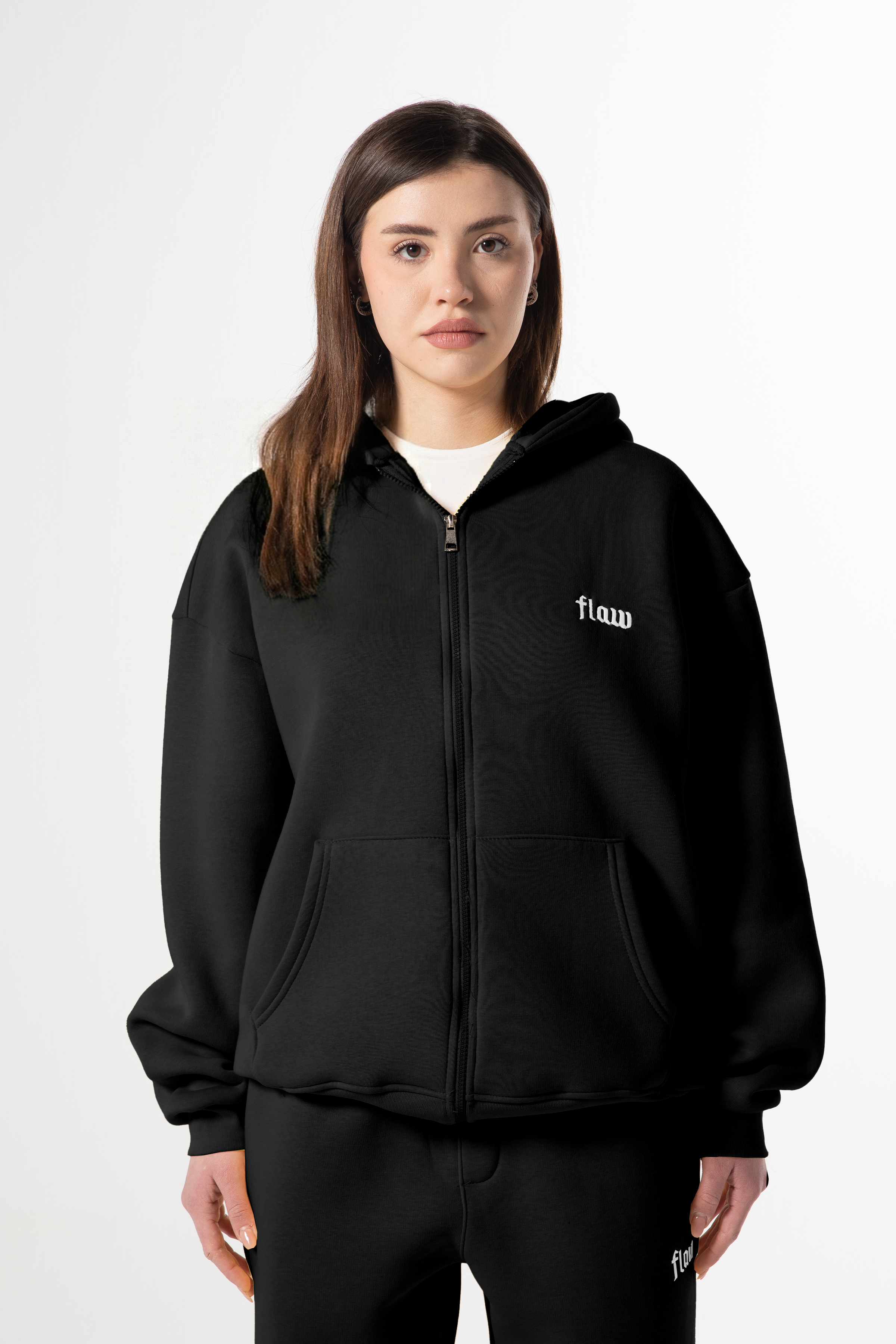 Flaw Nakışlı Zip Hoodie Siyah