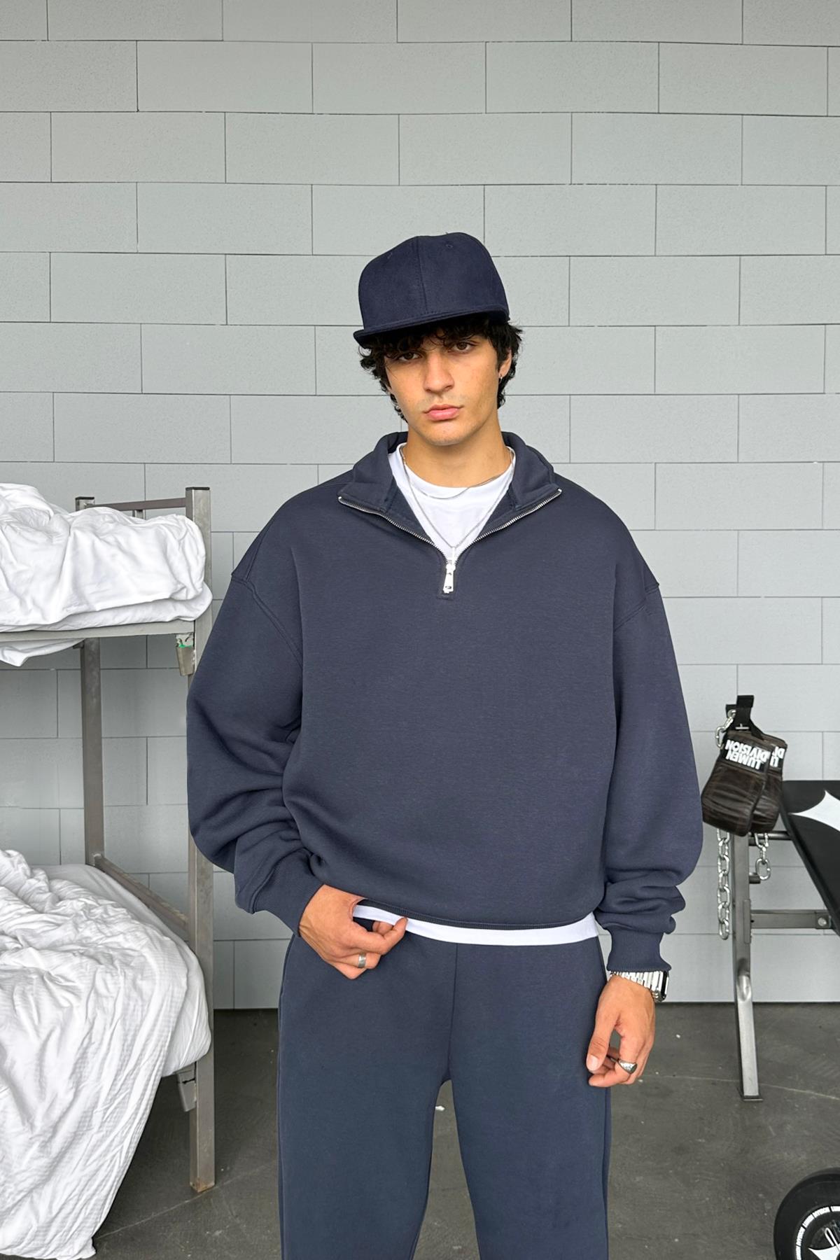 Half Zip Basic Lacivert Oversize Sweatshirt