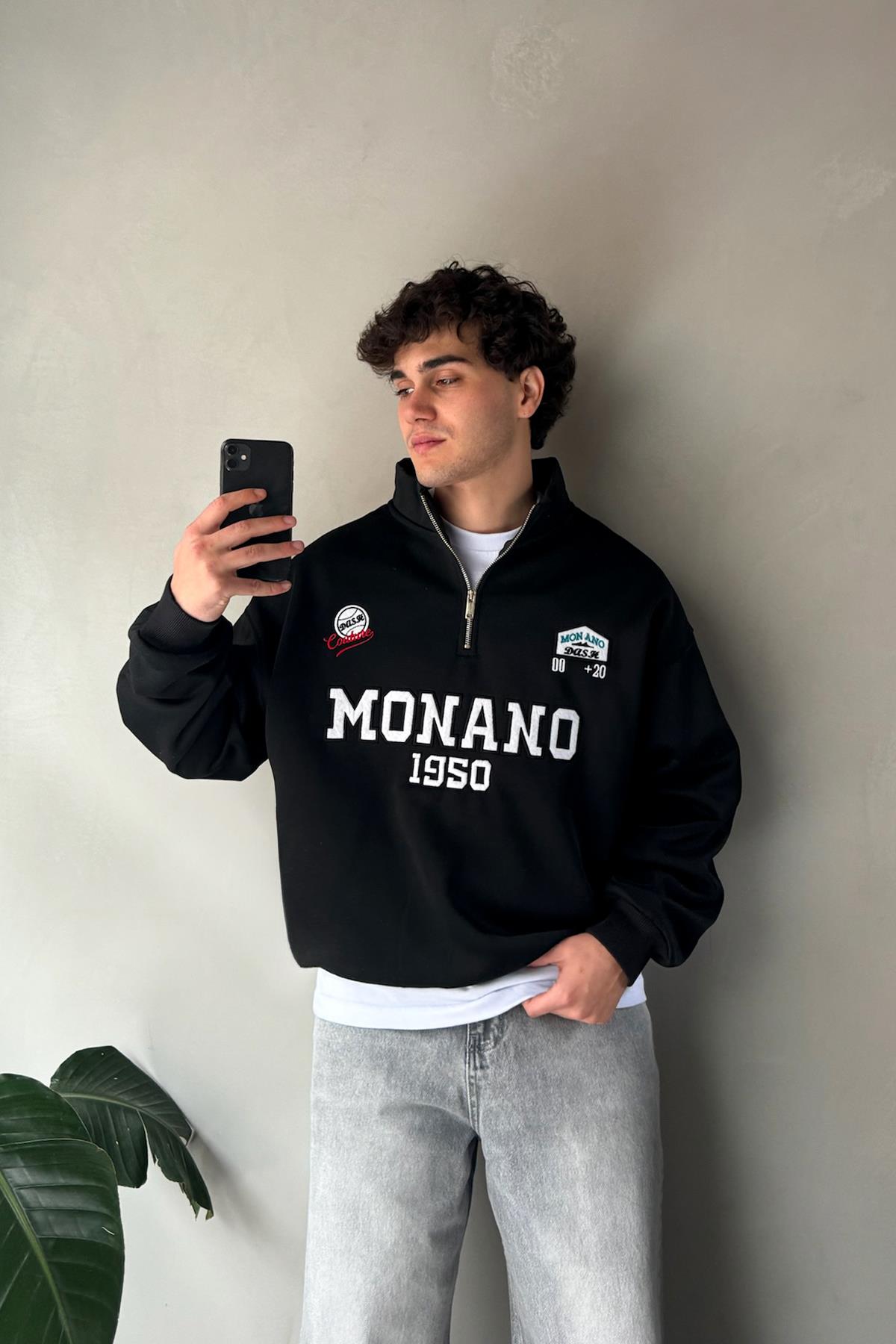 Half Zip Monano 1950 Nakışlı Siyah Sweatshirt