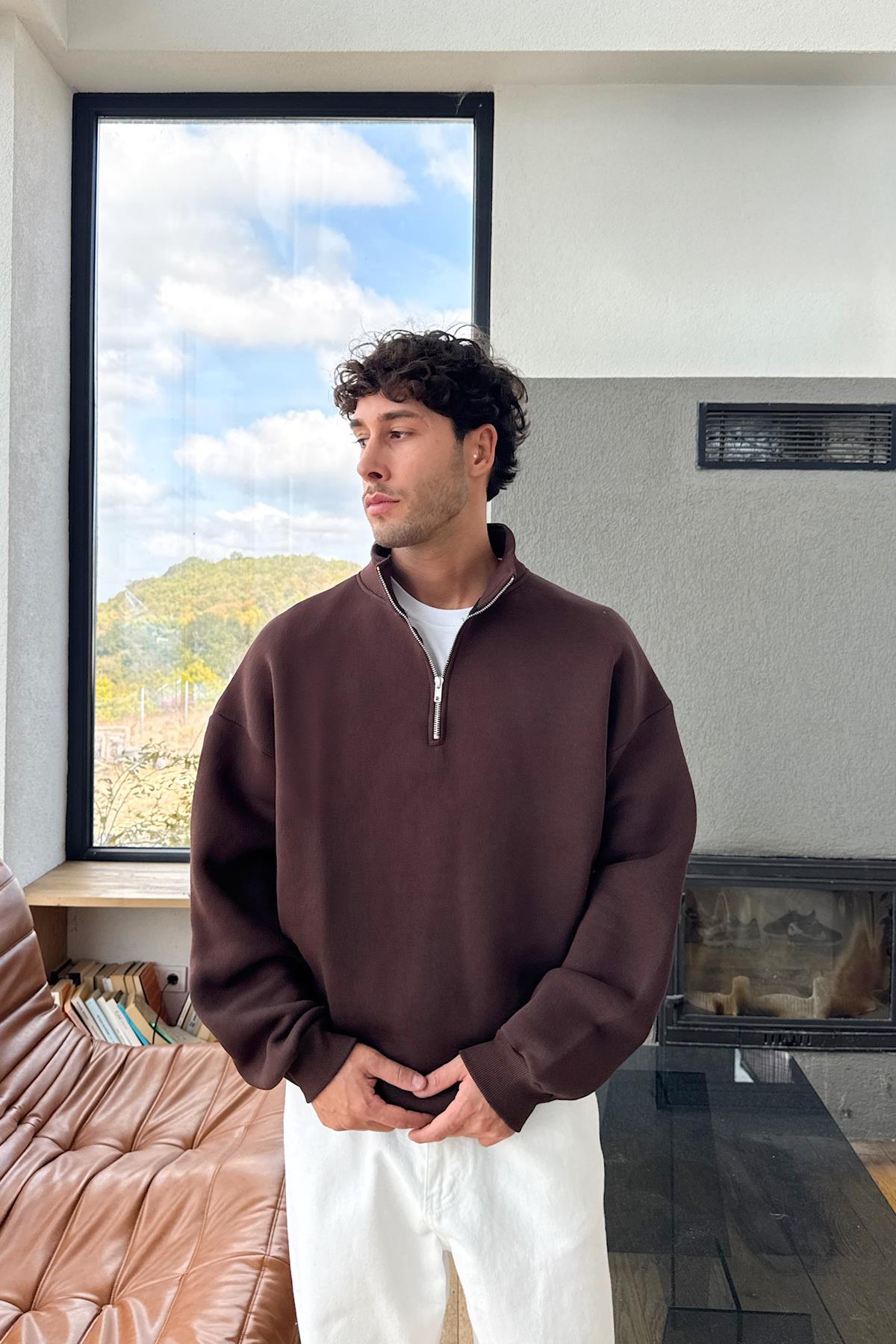 Half Zip Sweatshirt Koyu Kahve