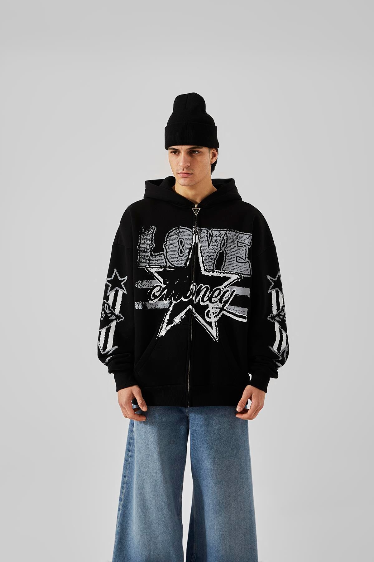 Siyah Love Baskılı Siyah Oversize Zip Hoodie - Flaw Wear