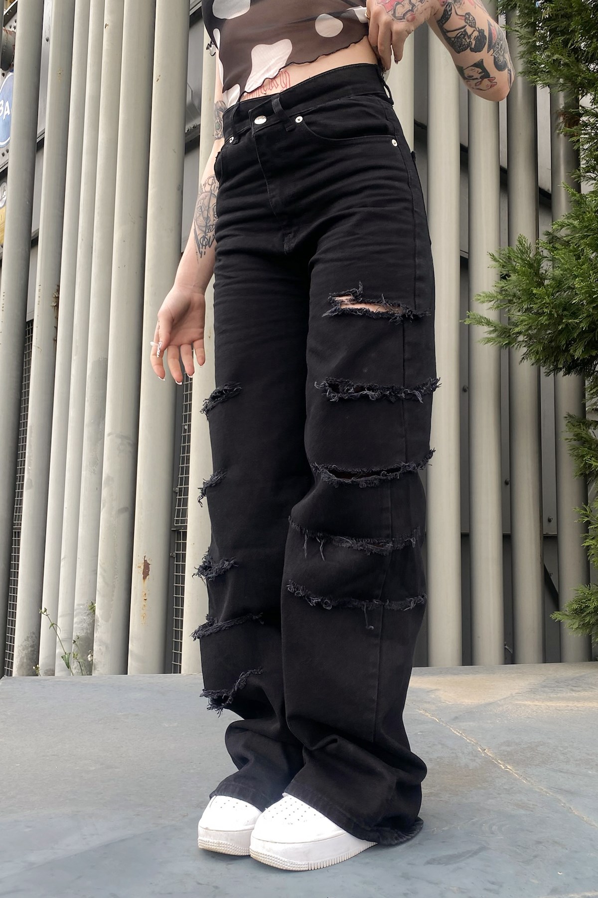 Multiple Yırtık Detaylı Siyah Baggy Jean - Flaw Wears