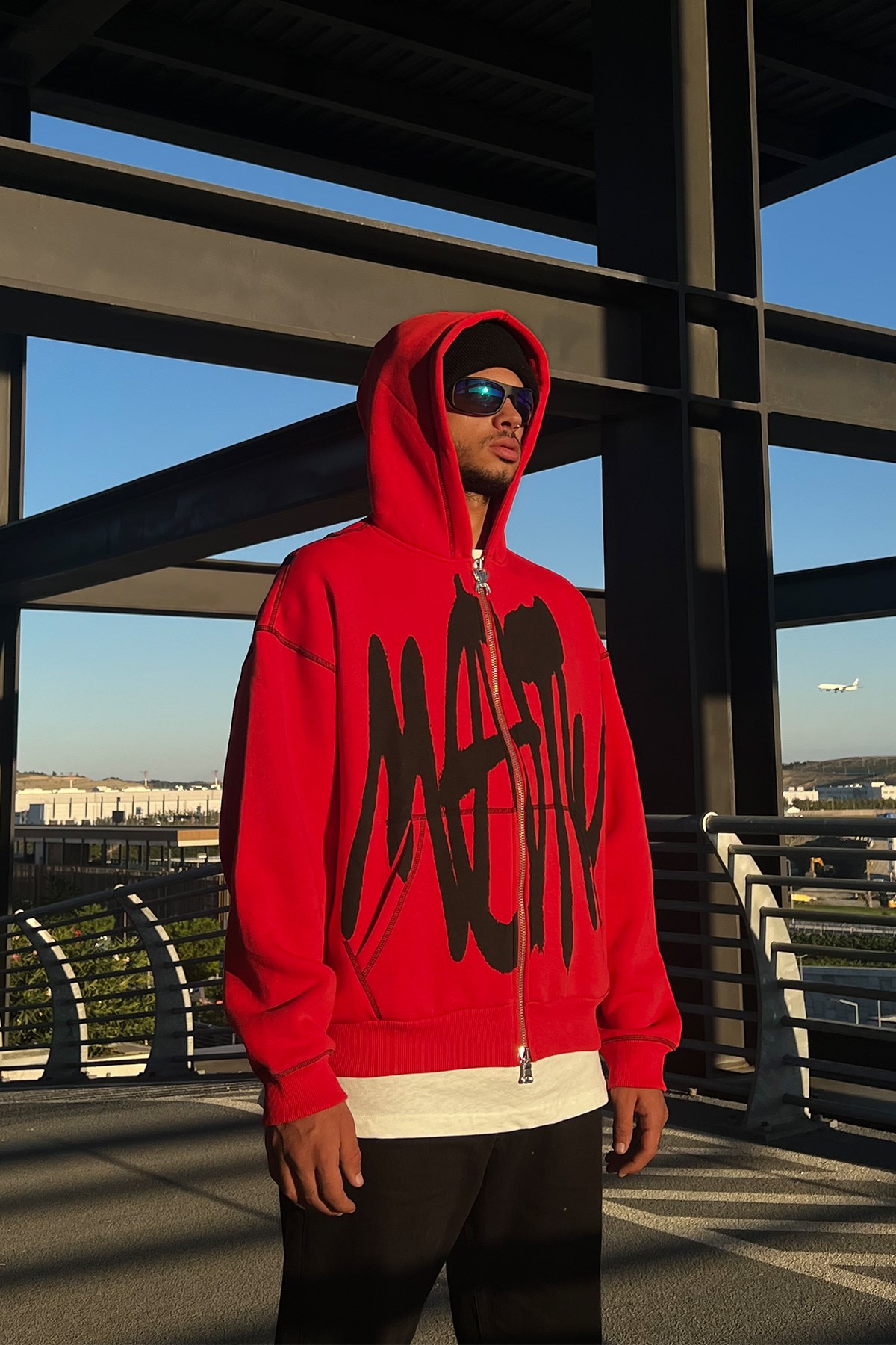 Premium Rv Spider Sırt Baskılı Zip Kırmızı Oversize Hoodie - Flaw