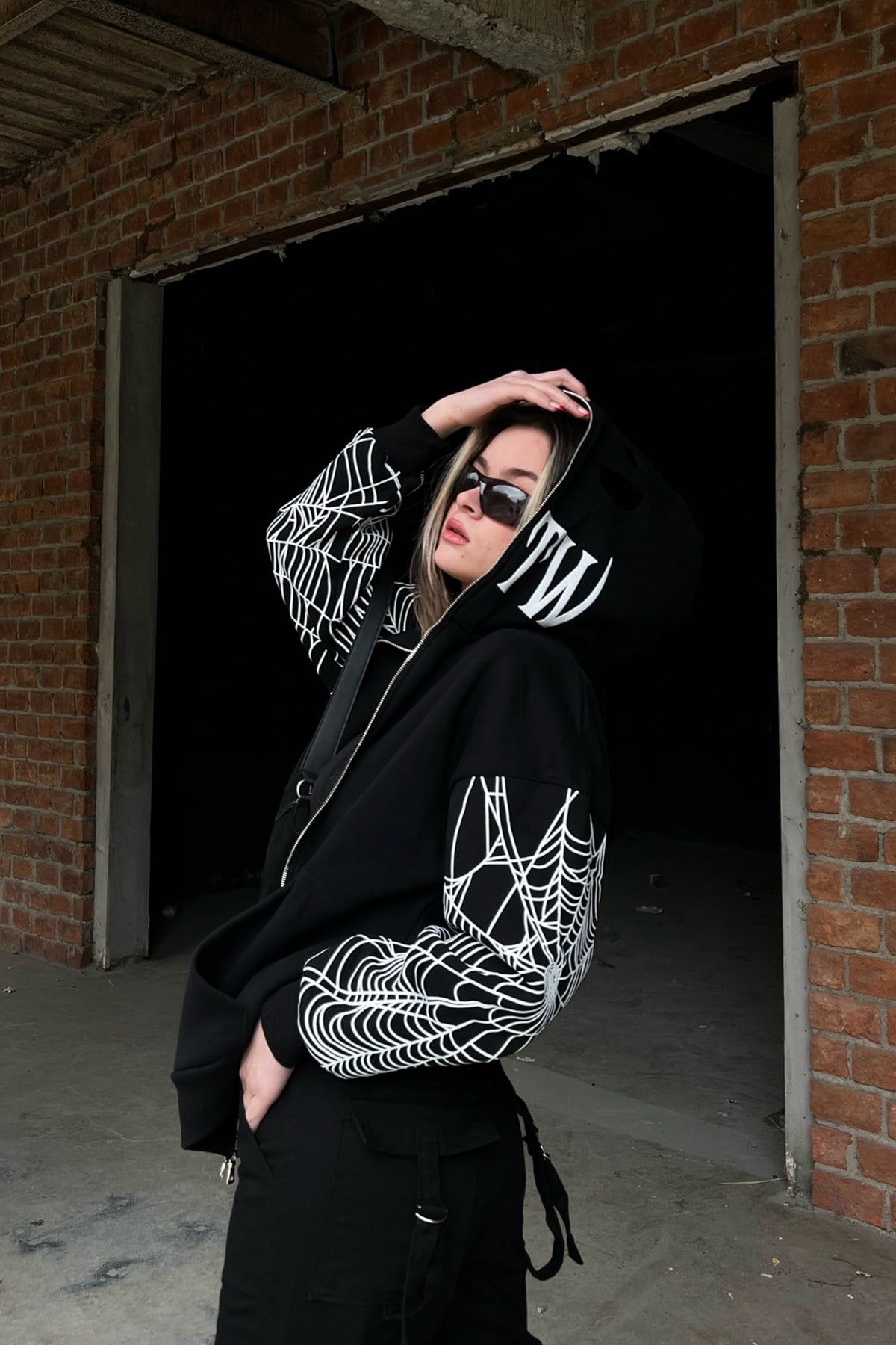 Rv Spider Web Full Zip Siyah Oversize Hoodie - Flaw Wears