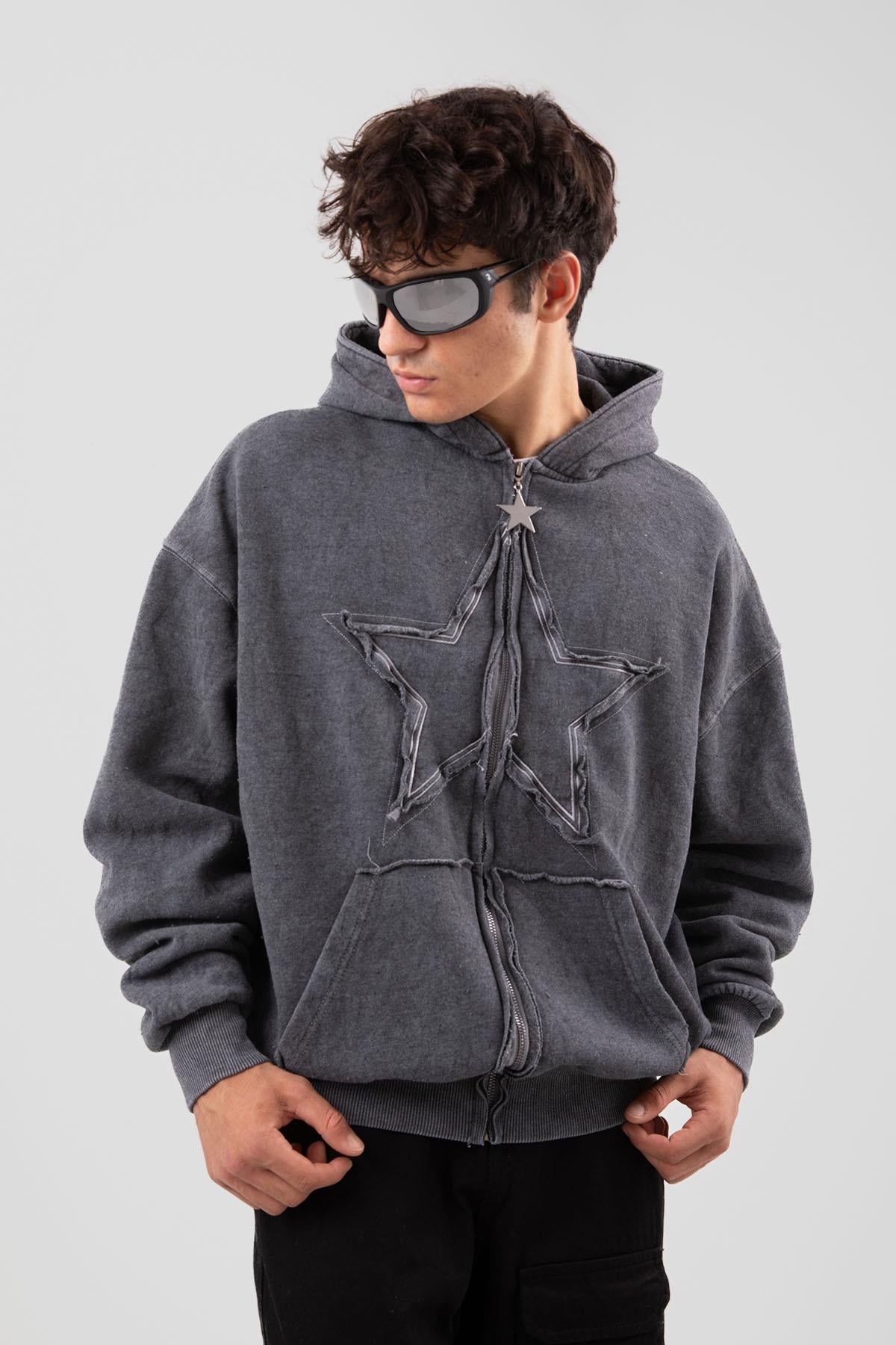 Acid Wash Star Nakışlı Oversize Acid Wash Zip Hoodie - Flaw Wear