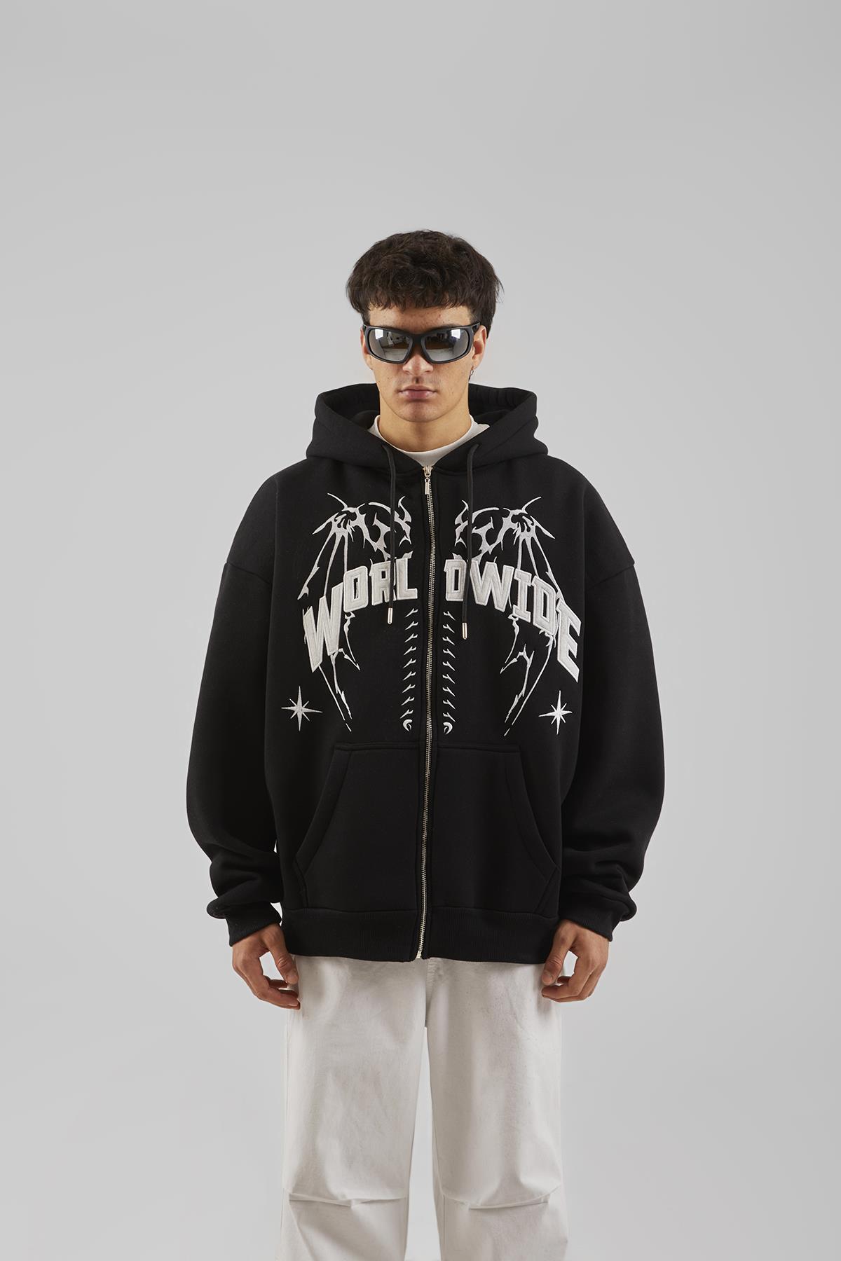Siyah Worldwide Baskılı Gri Melanj Zip Hoodie - Flaw Wear