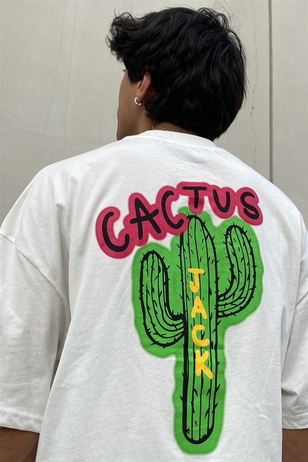 Cactus Jack Sırt ve Göğüs Baskılı Beyaz Oversize Tshirt