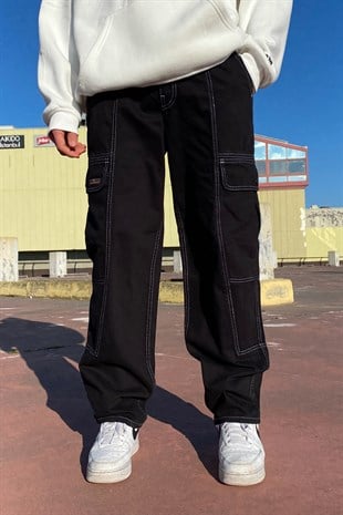 Cargo Pocket Dikiş Detay Siyah Losse Fit Pants