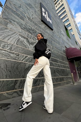 Chest Text Baskılı Siyah Oversize Hoodie