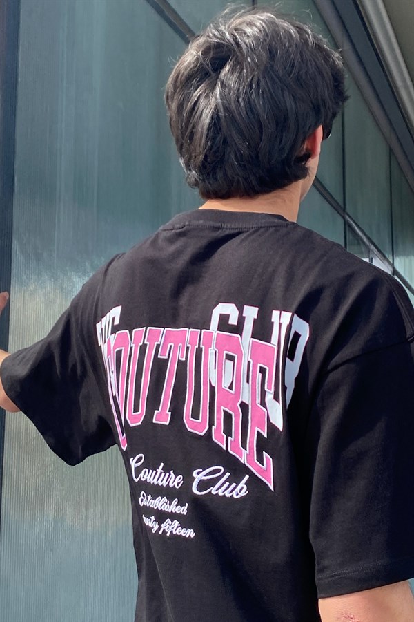 College Club Etiket Detaylı Siyah Oversize Tshirt